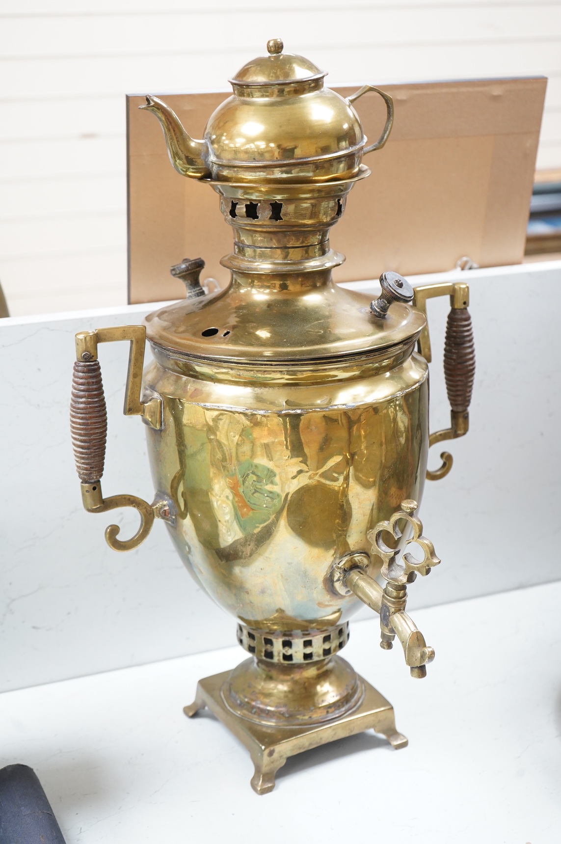 A Turkish brass samovar, a brass tray and a Middle Eastern coffee pot, largest 57cm high